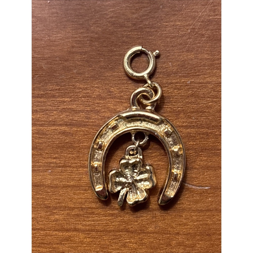 Monet Gold Tone Horseshoe Good Luck Four Leaf Clover Pendant Charm 1960s Vintage